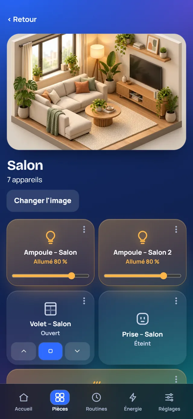 La page d'une pièce dans Sally : l'image du salon et les tuiles de ses appareils.